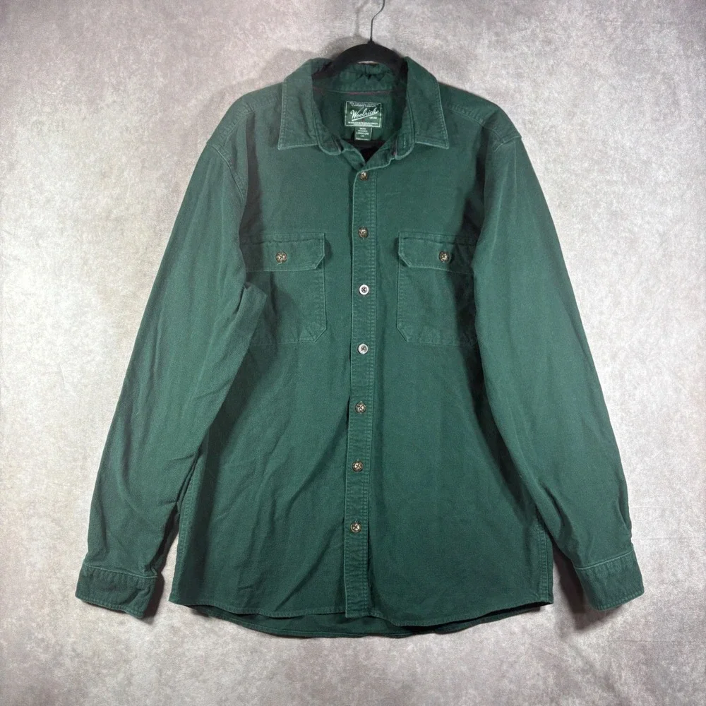 Woolrich Button Down Chamois Shirt Mens Large Green Heavyweight Flannel Outdoor